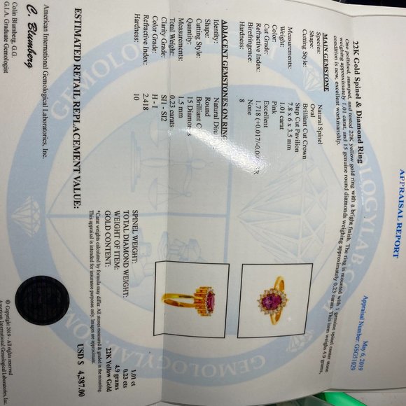 Certified Pink Spinel 1.01ct Diamonds 22K Ring - Picture 8 of 8